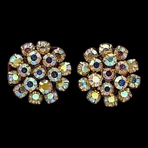 Vintage Rhinestone Earrings, Golden Aurora Borealis Rhinestone Clip Earrings